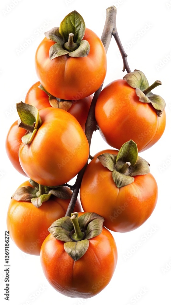 A bunch of ripe orange persimmons on a branch isolated on white background A bunch of ripe orange persimmons on a branch isolated on white background