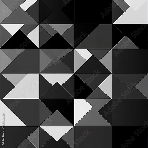 Minimalist Abstract Black and White Geometric Grid with Layered Triangles, High Contrast Blocks, and Sharp Angular Shapes in a Monochromatic Tiling Pattern Design