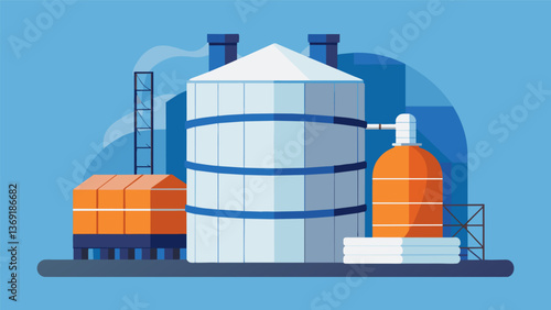 A storage tank in a chemical plant wrapped in layers of insulating material to maintain temperature control.. Vector illustration
