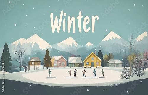 Charming Winter Village Scene with Ice Skaters and Snow-Capped Mountains