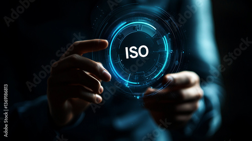 ISO Certification Businessperson Presenting Digital ISO Standard Hologram