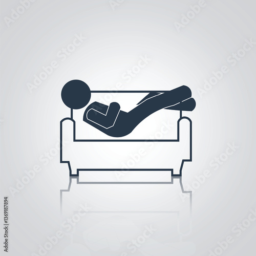 Resting man icon relaxing on sofa with a silver background