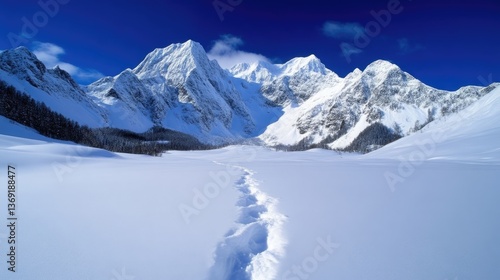 Wallpaper Mural Pristine snow-covered landscape with towering peaks. Footprints trace a path through the vast expanse of white Torontodigital.ca
