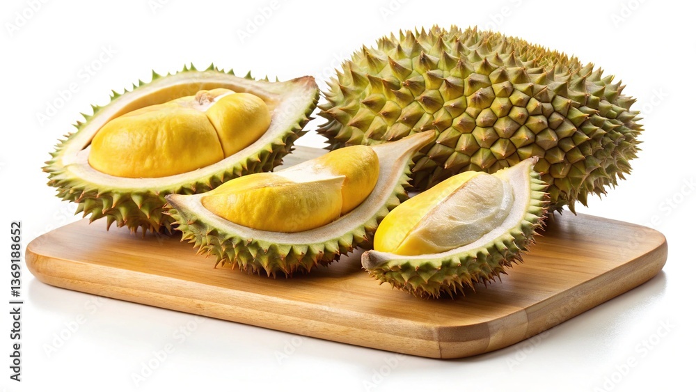 Fototapeta premium Ripe Durian Fruits on a Wooden Cutting Board Isolated on White Background