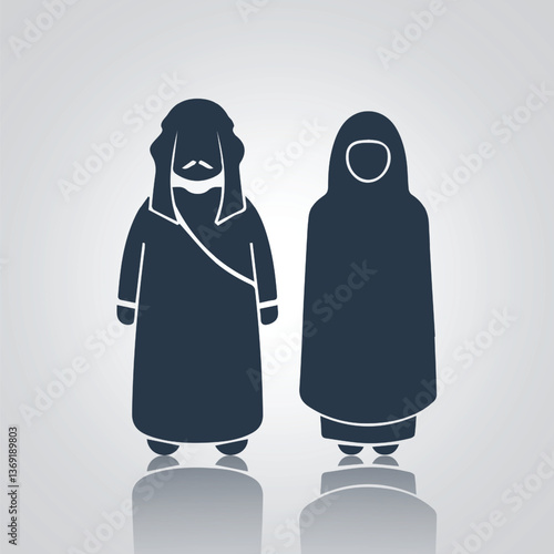 Flat illustration of an Arabian traditional dress pictograms icons, with a silver abstract background