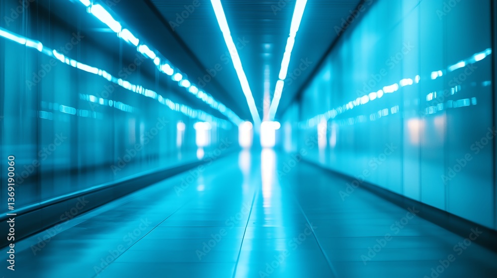 Fototapeta premium Minimalist Blue Blurred Data Center Corridor with Bokeh Lights, Abstract Technology Background