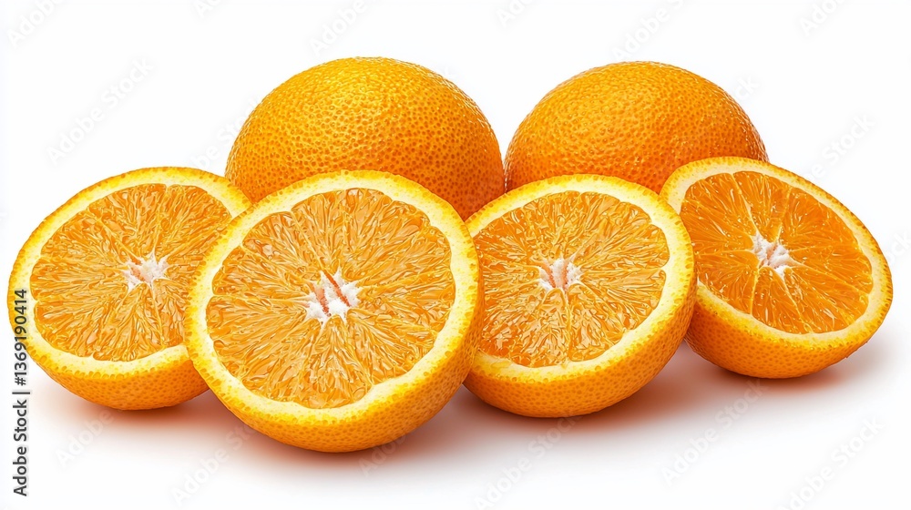 Juicy oranges halved, whole, white background, food photography Juicy oranges halved, whole, white background, food photography