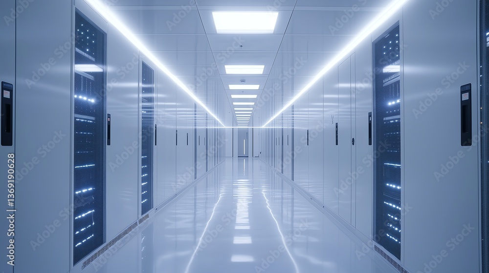 Fototapeta premium Supercomputer and advanced cloud computing concept, showcasing white server cabinets in a bright, clean data center for AI training cluster