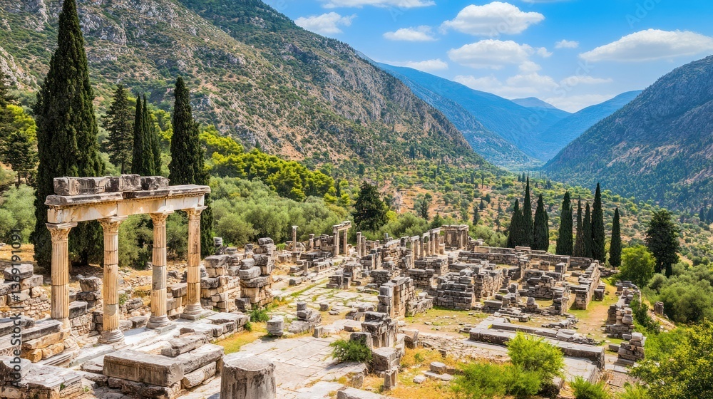 Obraz premium Panoramic view of the ancient ruins of Delphi in Greece with mountains.
