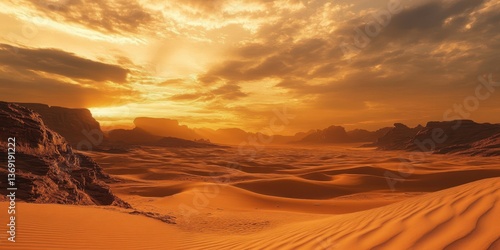 A serene desert landscape at sunset, showcasing rolling dunes and dramatic skies.