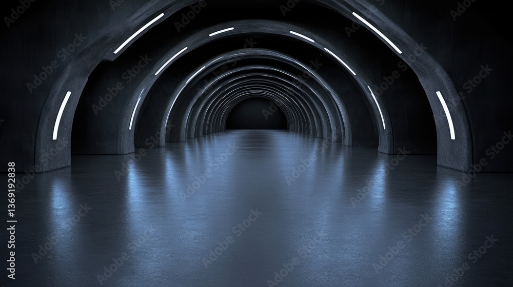 Fototapeta premium Dark, arched tunnel with glowing lines. Empty, futuristic interior