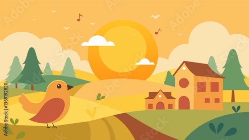 Birds sang their morning songs as the suns warm embrace enveloped the peaceful village.. Vector illustration