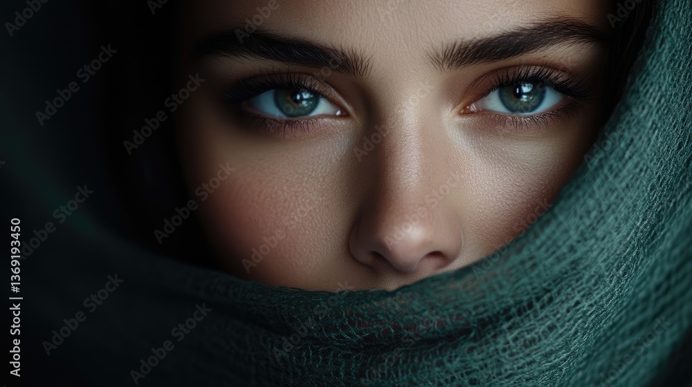 Close-up portrait of a woman with a teal-colored scarf covering her face, intense gaze, and flawless skin Close-up portrait of a woman with a teal-colored scarf covering her face, intense gaze, and flawless skin