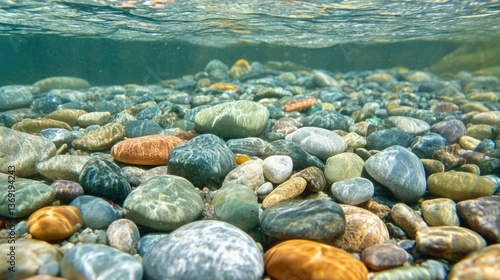 Underwater view of riverbed rocks and clear water with filtered sunlight.
