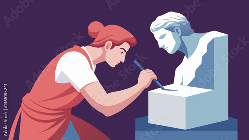 A sculptor chiseling away at a block of marble creating a stunning statue with smooth lifelike features.. Vector illustration