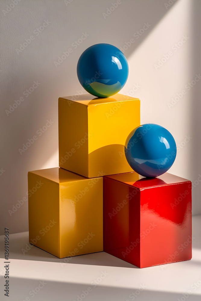 Glossy Red Yellow Cubes and Blue Spheres Abstract Minimalist Still Life Glossy Red Yellow Cubes and Blue Spheres Abstract Minimalist Still Life