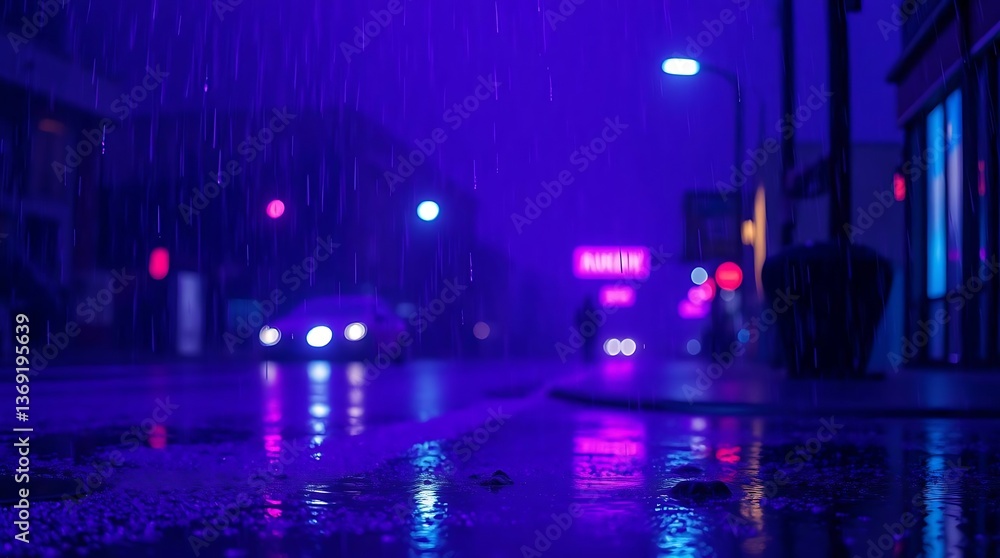 Fototapeta premium Rainy night street scene with neon lights