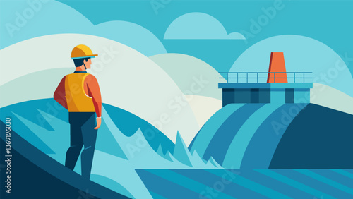 A worker in a hard hat standing on top of the hydro dam overlooking the swirling water below as it powers the turbines.. Vector illustration