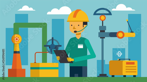 A worker testing and adjusting equipment to reduce emissions and promote more efficient natural gas extraction.. Vector illustration