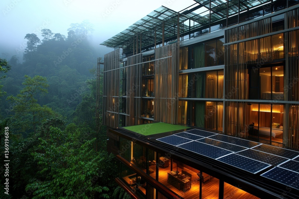 Obraz premium Luxurious eco-friendly hotel nestled in a lush rainforest, showcasing sustainable architecture and solar panels.