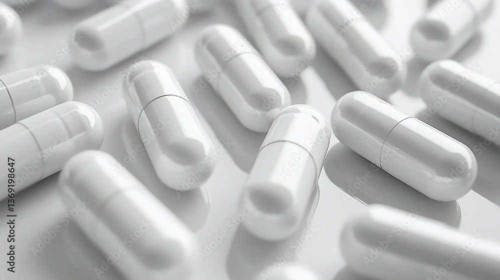 Close-up of Gleaming White Capsules on Reflective Surface Close-up of Gleaming White Capsules on Reflective Surface