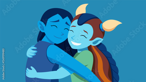 An animated hug between two avatar friends representing the comfort and solidarity found within the forum.. Vector illustration