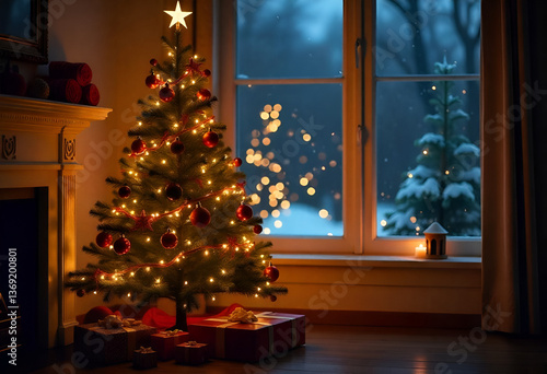 Christmas tree with twinkling lights, Christmas tree with Christmas balls or lantern.