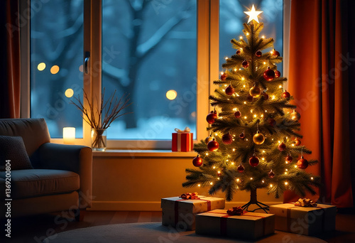 Christmas tree with twinkling lights, Christmas tree with Christmas balls or lantern.