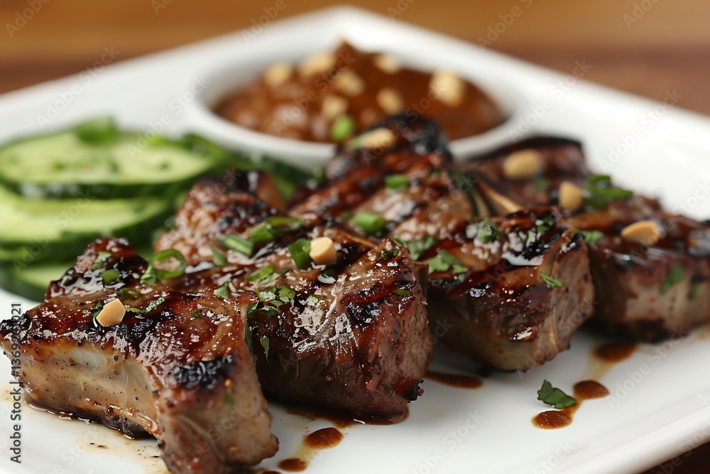 Malaysian Satay Lamb Chops skewered and grilled, plated upright with peanut sauce dots, cucumber ribbons, and Malaysian Satay Lamb Chops skewered and grilled, plated upright with peanut sauce dots, cucumber ribbons, and