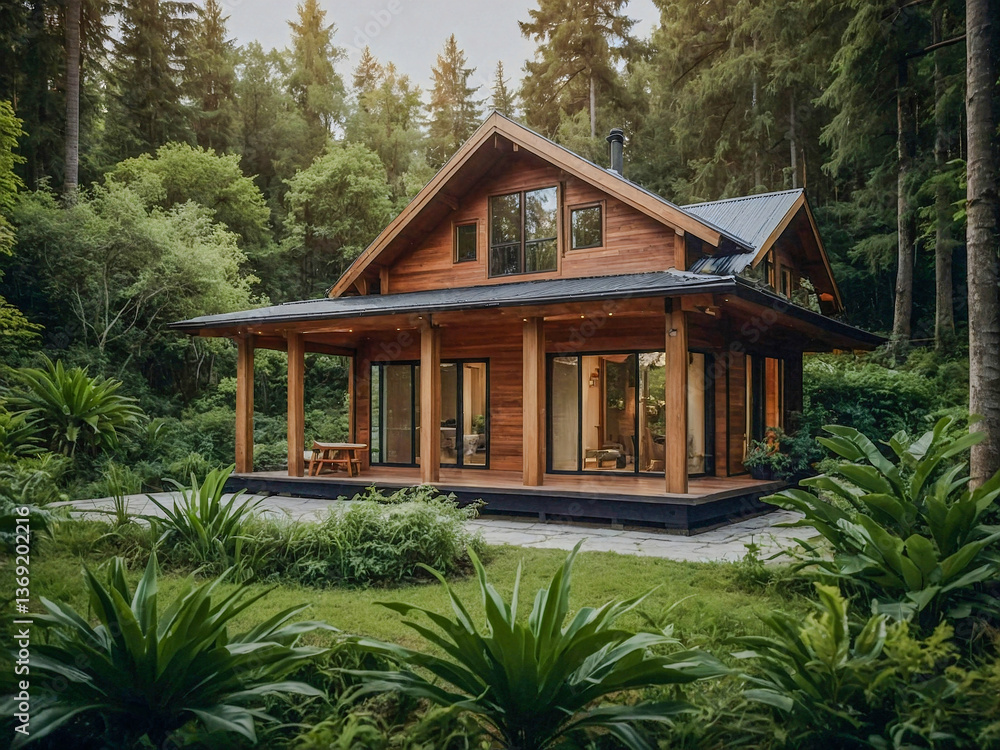 Charming wooden house nestled among lush greenery, representing tranquility and harmony with nature