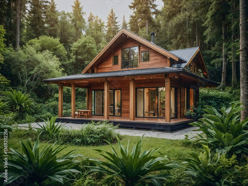 Obraz na płótnie Charming wooden house nestled among lush greenery, representing tranquility and harmony with nature w salonie