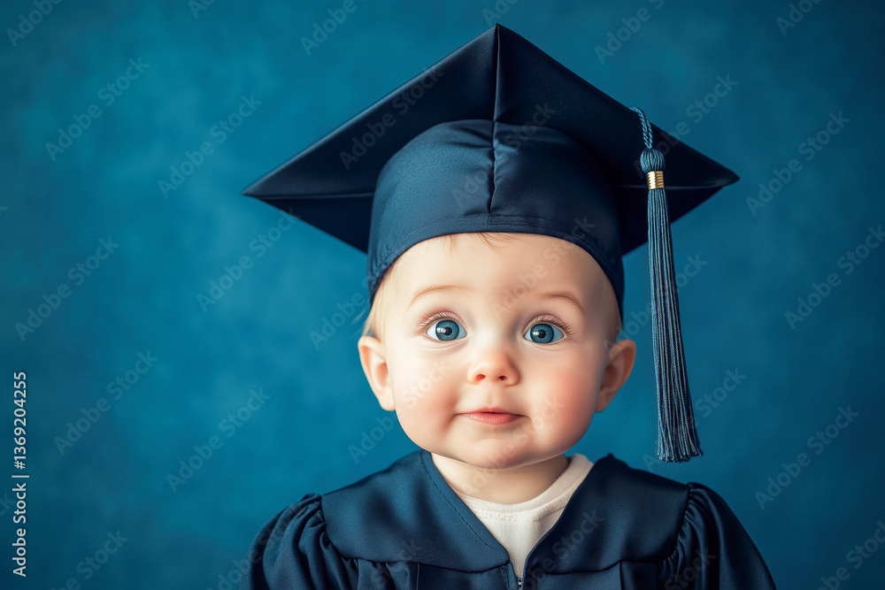 Baby graduated from college with blue background studio lighting