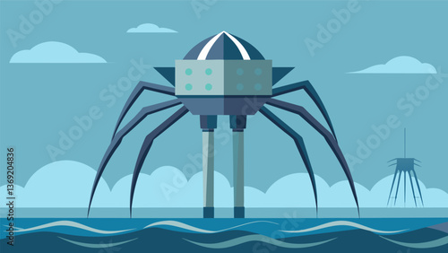A sleek and modernlooking contion resembling a giant spider with its long legs stands tall in the water its legs constantly moving in response to the. Vector illustration