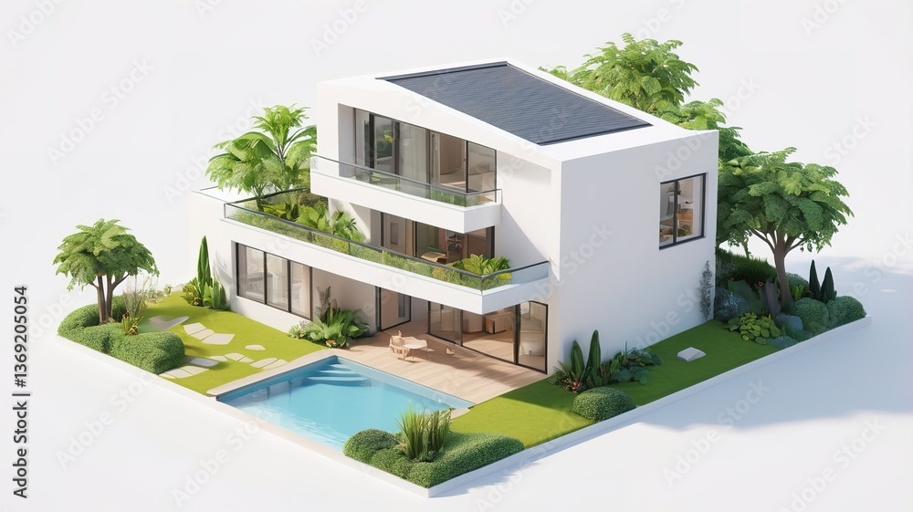 Fototapeta premium A small modern minimalist house isometric perspective,&nbsp;3D model miniature