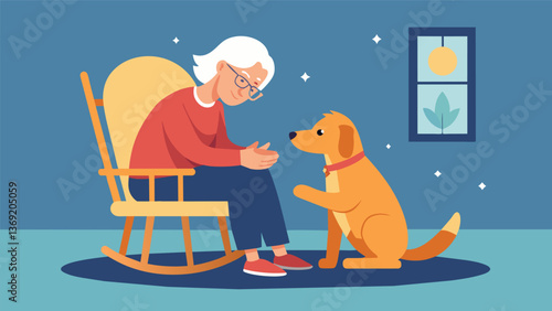 A senior citizen sitting in a rocking chair contentedly petting their newly adopted senior dog giving it a peaceful and loving home for its golden. Vector illustration