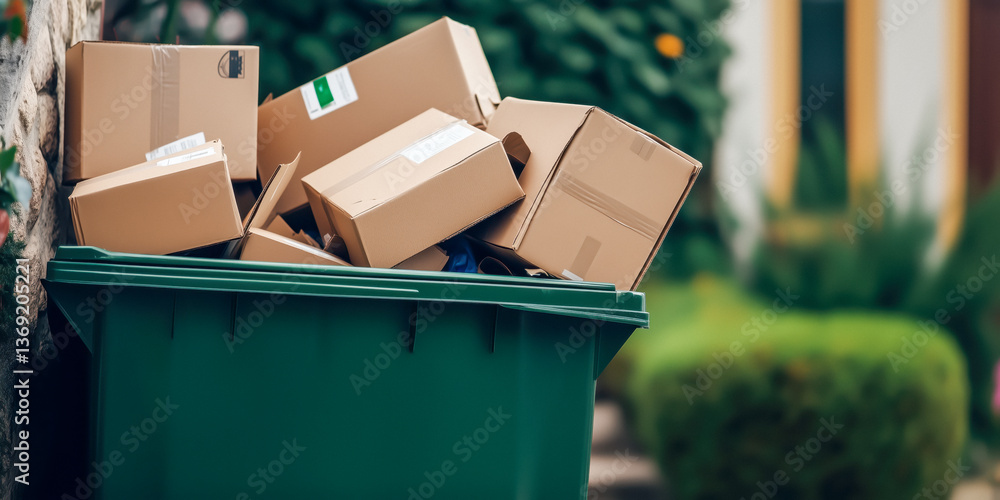 A green dumpster overflowing with recyclable cardboard boxes on a street.