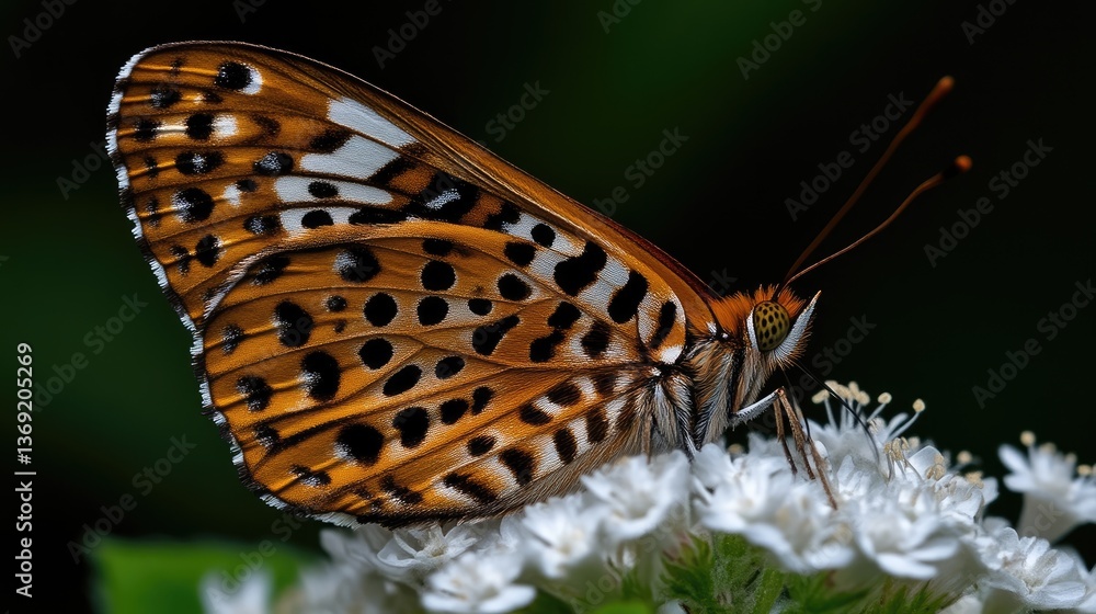 Fototapeta premium Close-up of a butterfly resting on a cluster of white flowers. Detailed view of its patterned wings and delicate body