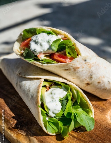 Freshly Made Greek Wrap with Tzatziki Sauce Photographed Angled on Rustic Board in Bright Mediterranean Sunlight