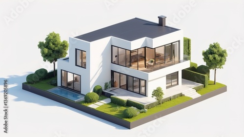 A small modern minimalist house isometric perspective, 3D model miniature