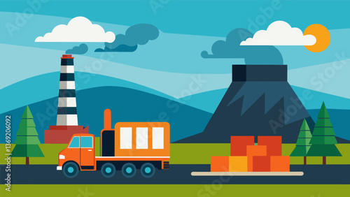 A thermal power plant in the distance as a truck hauls a large load of coal ash away from the facility for proper disposal.. Vector illustration