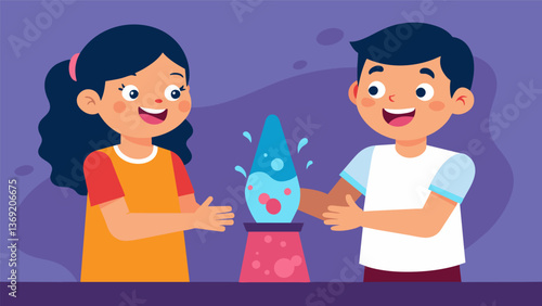 A pair of siblings enthusiastically displaying their homemade lava lamp using household ingredients to demonstrate chemical reactions.. Vector illustration