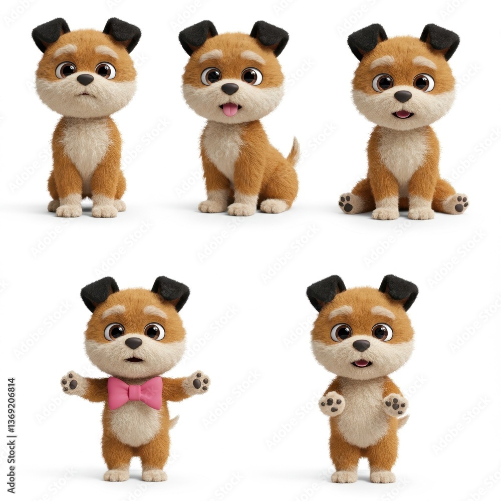 Obraz premium Adorable Cartoon Puppies with Big Eyes in Various Poses, Perfect for Children's Media and Merchandise Designs.
