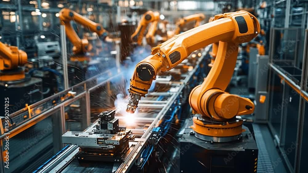 Industrial Automation: A dynamic view of robotic arms meticulously performing welding operations on an automated production line, epitomizing efficiency and precision in modern manufacturing. Industrial Automation: A dynamic view of robotic arms meticulously performing welding operations on an automated production line, epitomizing efficiency and precision in modern manufacturing.