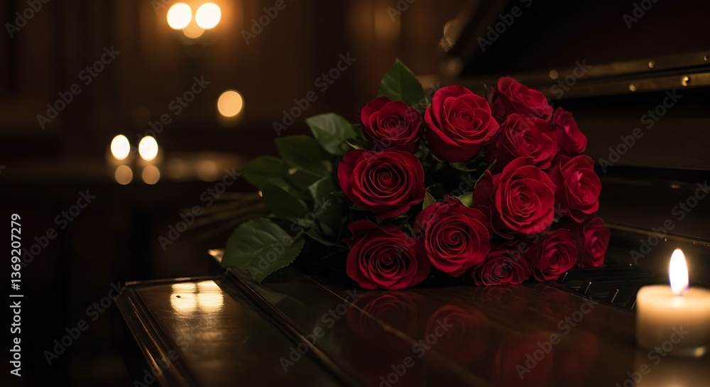 Obraz premium Red Roses and Candlelight on Piano Create Warm and Romantic Ambiance