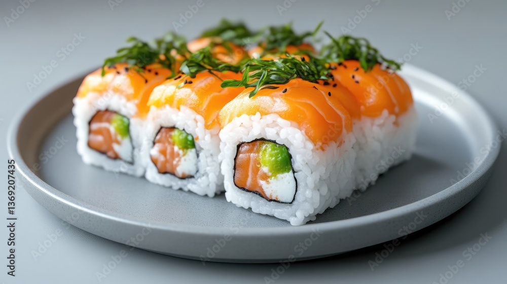 Freshly prepared sushi rolls. Colorful, tasty, and appetizing Freshly prepared sushi rolls. Colorful, tasty, and appetizing