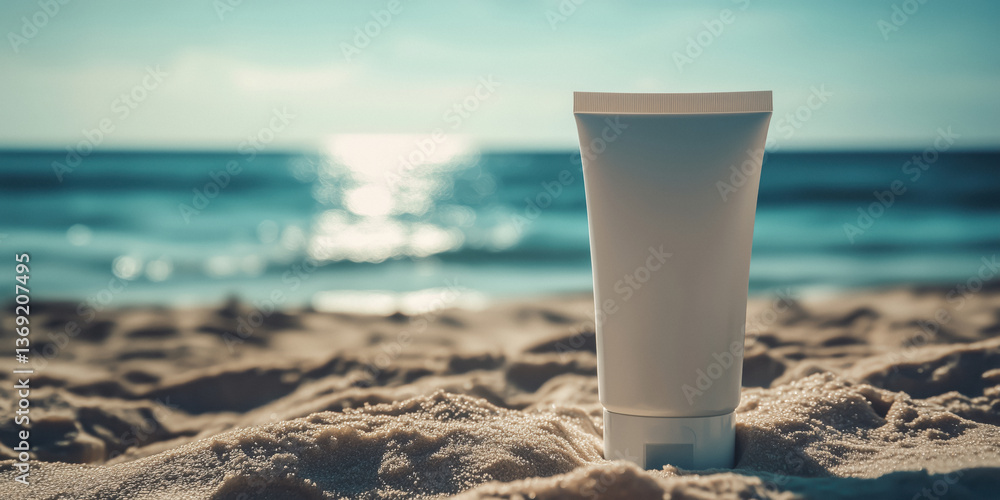 Close-up of a blank sunscreen bottle lotion on a sandy beach, with the ocean in the blurred background.