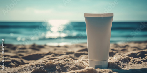 Close-up of a blank sunscreen bottle lotion on a sandy beach, with the ocean in the blurred background.