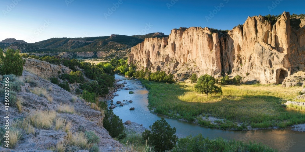 Naklejka premium Scenic view of a river flowing through rocky cliffs and green vegetation under a clear sky.