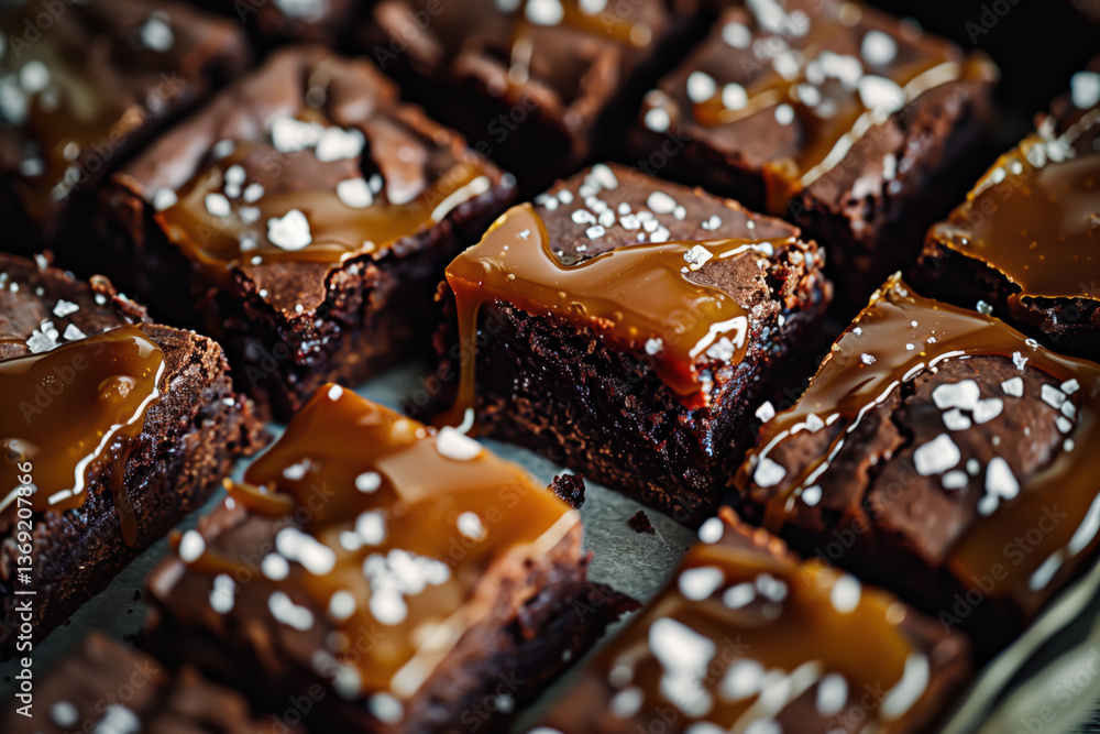 Close-up of salted caramel brownies cut into squares, arranged on a tray.
