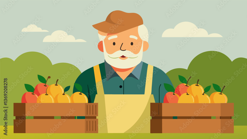 An elderly farmer proudly displaying his handcrafted wooden crates overflowing with justpicked apples and pears.. Vector illustration